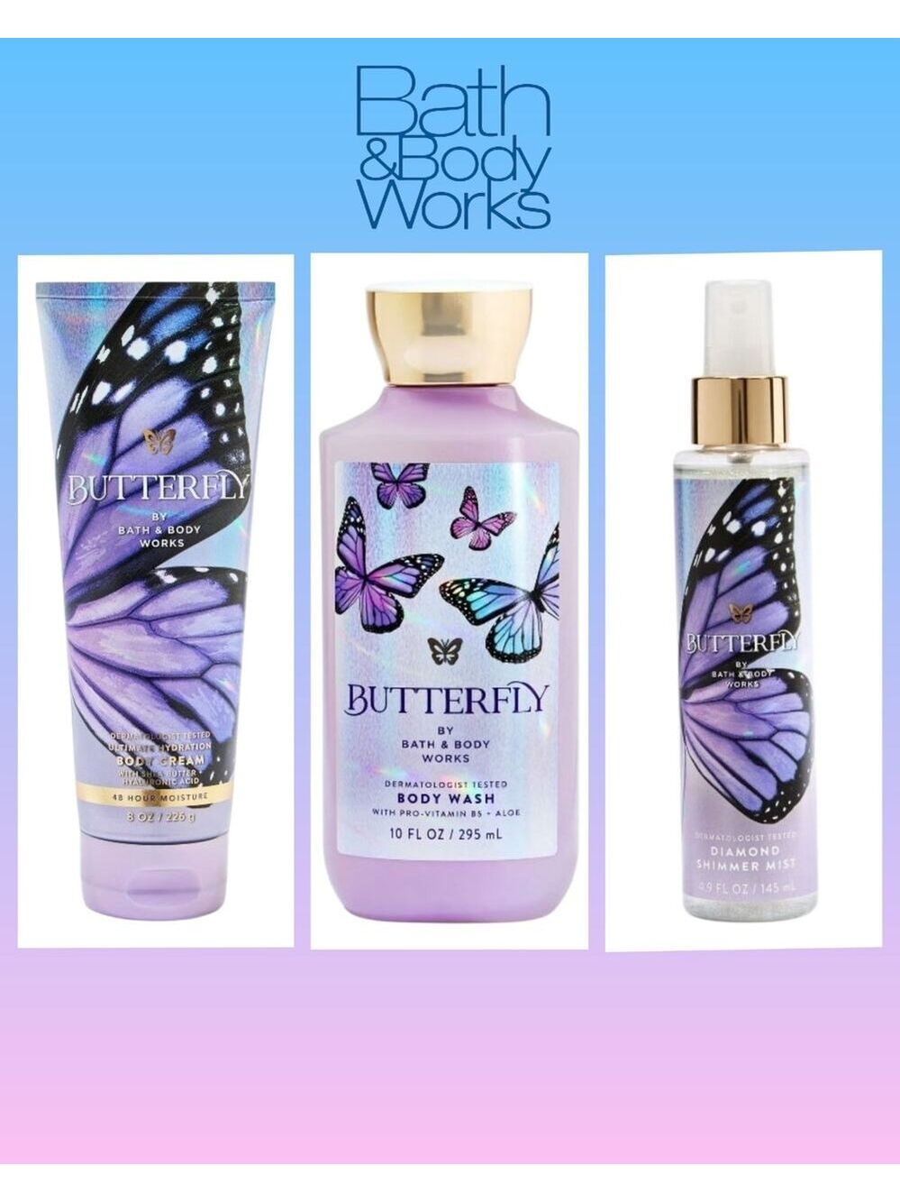 BATH AND BODY WORKS BUTTERFLY 3 PIECE SET BODY WASH CREAM FRAGRANCE